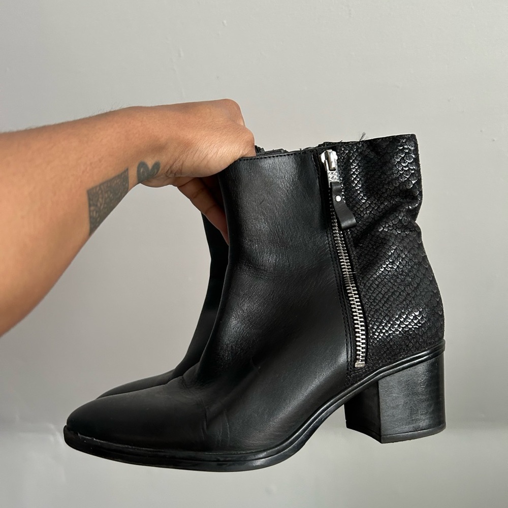 Little Black leather booties from Naturalizer with a faux snake skin on back